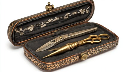 Antique Scissors and Sewing Tools in a Decorative Case