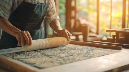 Indonesian batik artist dyeing fabric with intricate wax patterns photo