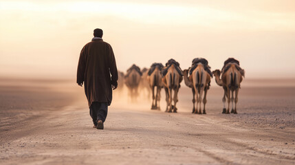 Algerian camel herder leading a caravan through the Sahara Desert photo