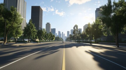 Perspective asphalt road in city with commercial building and plant