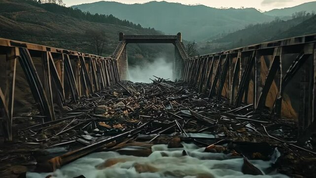 Collapsed bridge over river with driftwood creating natural dam amidst mountain landscape, 4k footage