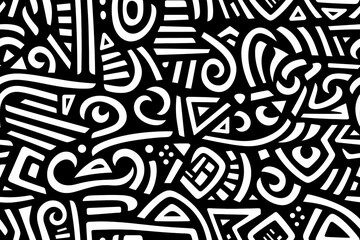 black and white seamless tribal pattern, geometric african ethnic doodle design