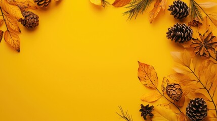 Naklejka premium Yellow Background with Leaves and Pinecones Arrangement