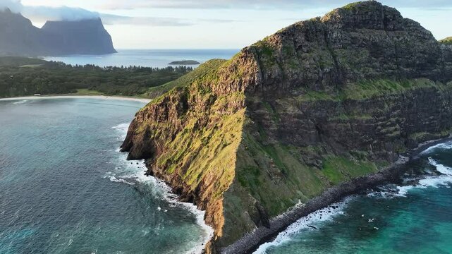 Aerial footage of Lord Howe island from North end looking down towards Kim's lookout and Mt Eliza