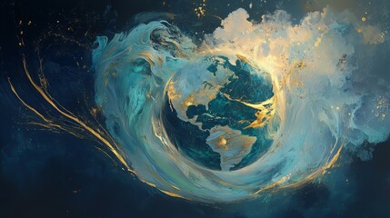 Abstract painting of Earth with swirls of blue, white, and gold.