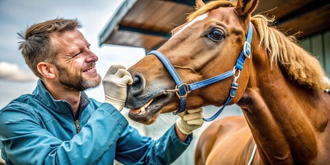 Close-up of a veterinarian checking the teeth of a horse for dental health and proper care routine