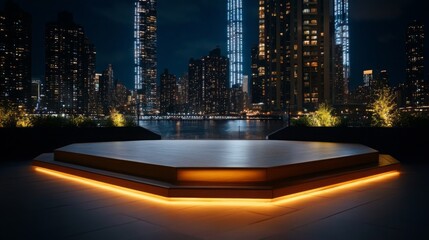 A modern stage platform with soft lighting, surrounded by a nighttime city skyline.