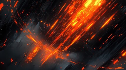 Neon orange streaks crisscrossing a dark, smoky backdrop, with sharp edges and glowing forms, evoking an unsettling Halloween vibe.