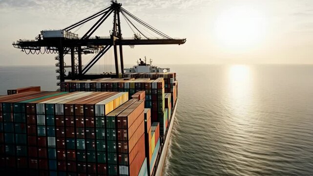 Shipping container vessel navigating ocean sunrise with industrial crane in the background for international trade, 4k footage