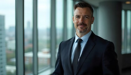 Caucasian man in a dark suit, standing confidently in an office setting