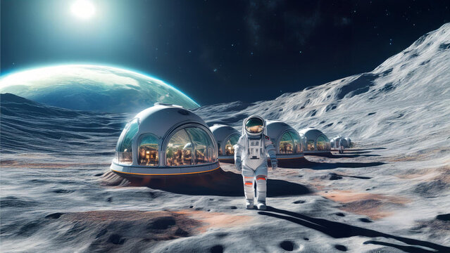 Futuristische Mondbasis mit Kuppelgeb&auml;uden, Solarpaneelen und Astronauten. Die Erde leuchtet am Himmel. Technologie, Wohnen und Nachhaltigkeit im All.