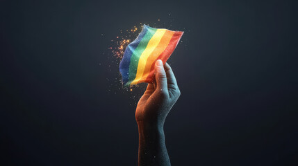 rainbow colored 3D hand holds glowing Pride flag, symbolizing love and inclusivity. vibrant colors and sparkles evoke sense of celebration and unity