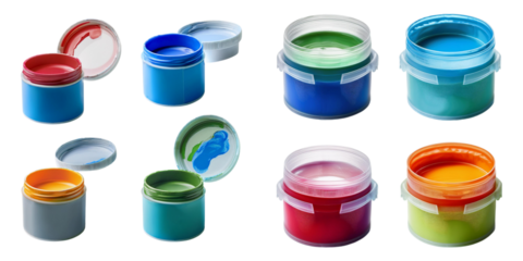 Set of colorful paint jars with open lids