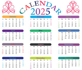 Calendar 2025 Vector Design. 2025 Calendar Template and Images. Colorful Calendar 2025. Monthly Calendar. Daily Planner