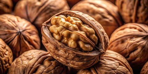 Close-up view of a whole walnut with its intricate shell and a glimpse of the nut inside.