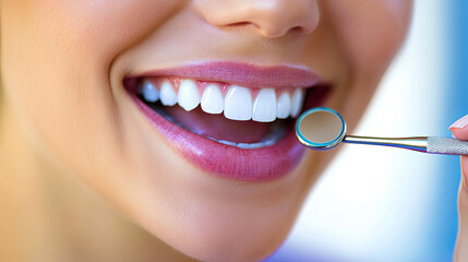 Fototapeta premium A Close-Up of a Woman Smiling Brightly While a Dentist Examines Her Teeth During an Oral Check-Up in a Clinical Setting
