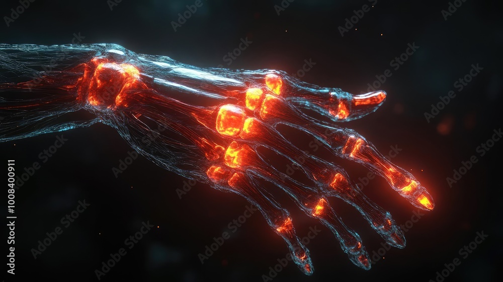 Poster futuristic robotic hand with glowing orange elements, showcasing advanced technology and digital inn