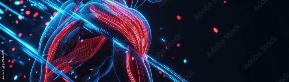 Poster a dynamic abstract representation of a human muscle, illuminated with vibrant blue and red lights ag
