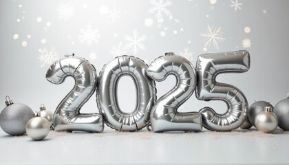 pink chrome balloons of the new year 2025 twenty twenty five among confetti on a blue background i. Happy new year celebration . Ai generated, ai