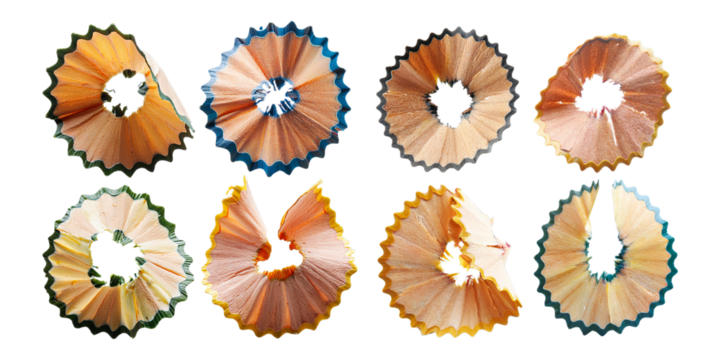 collection of pencil shavings in various shapes and sizes, isolated on a transparent background for creative or educational design projects. - Powered by Adobe