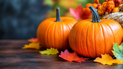 Bright Orange Pumpkins Surrounded by Colorful Autumn Leaves and Decorative Gourds on a Rustic Wooden Table in Fall