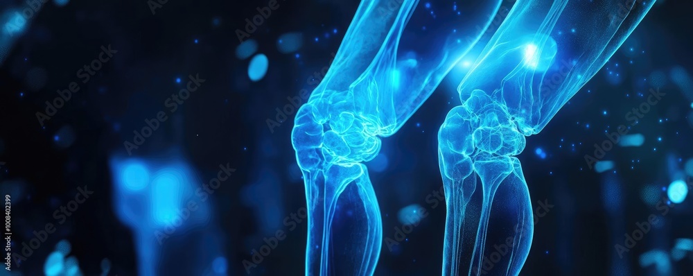 Poster a close-up view of digitally rendered human knees with a glowing blue schematic design, showcasing j