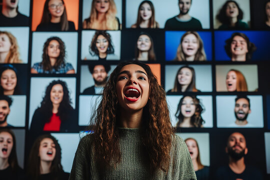 Virtual Choir Rehearsal with Diverse Participants on Screens  