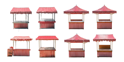 collection of red and white striped market stalls, isolated on a transparent background in PNG format. Perfect for street market, festival, or event design projects.