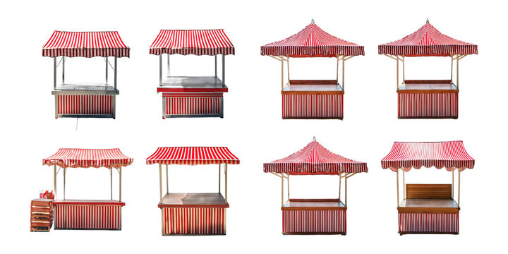 collection of red and white striped market stalls, isolated on a transparent background in PNG format. Perfect for street market, festival, or event design projects.