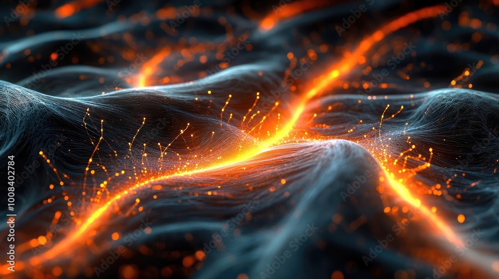 Poster a mesmerizing abstract landscape of glowing energy, showcasing vibrant orange patterns amid dark und