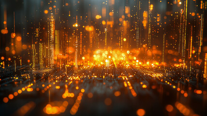 Fototapeta premium A futuristic scene of golden digital data streams and particles forming a glowing