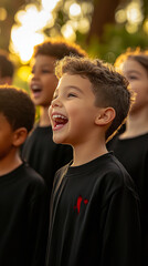 Fototapeta premium Joyful Children's Choir Performing at Sunset in Park