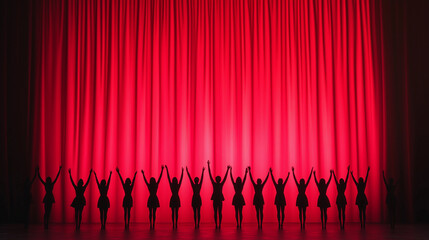 Actors joyfully take their final bow in front of a vibrant red curtain, radiating excitement and gratitude. The applause of the audience fills the theater, celebrating their talent  banner/design/web