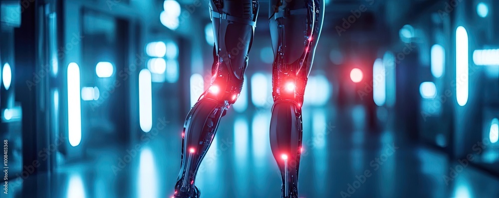 Aufkleber futuristic robotic legs with glowing joints in a high-tech environment, showcasing advanced technolo