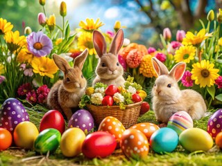 Colorful Animated Happy Easter Celebration with Eggs, Bunnies, Flowers, and Festive Decorations