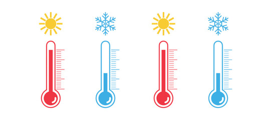 Thermometer vector icons with sun and snowflake. Thermometer with sun and snowflake icon. Hot and cold temperature scale for weather or freezer, isolated thermometer temperature symbols on transparent