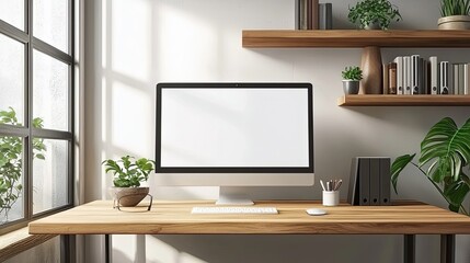 Mockup computer screen on wooden table in modern room. Workplace concept