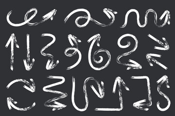 Chalk doodle arrows collection. White brush stroke, artistic grunge vector arrows collection