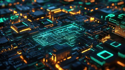 Obraz premium 3D rendering of a digital circuit board with glowing blue and green elements, representing innovation and tech development.