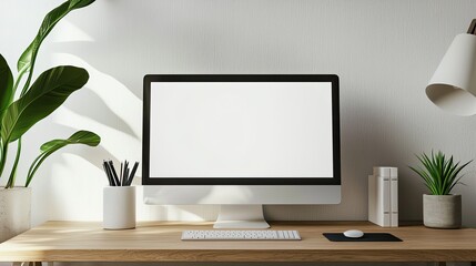 Fototapeta premium Mockup computer screen on wooden table in modern room. Workplace concept