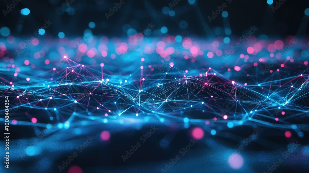 Poster 3d rendering of a futuristic digital space with glowing lines and floating polygons, perfect for a h
