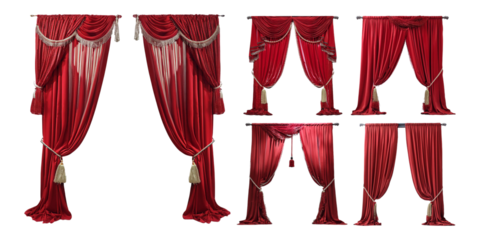 set of luxurious red velvet curtains with tassels, isolated on a transparent background, perfect for theater, interior design, or stage decor projects.