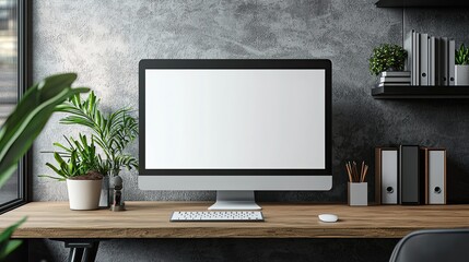 Mockup computer screen on wooden table in modern room. Workplace concept