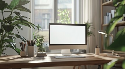 Fototapeta premium Mockup computer screen on wooden table in modern room. Workplace concept