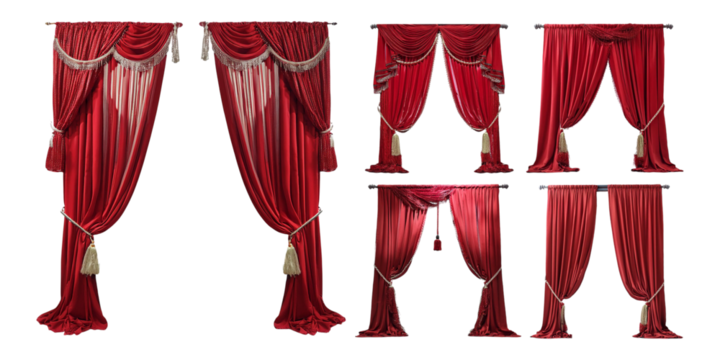 set of luxurious red velvet curtains with tassels, isolated on a transparent background, perfect for theater, interior design, or stage decor projects.