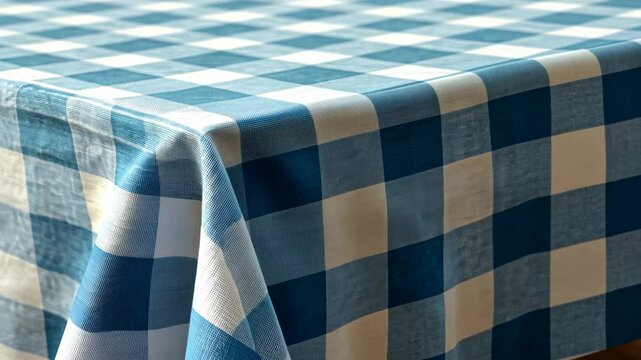 A close-up of a blue and white checkered tablecloth