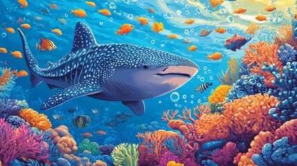 A whale shark swims through a vibrant coral reef, surrounded by colorful fish.