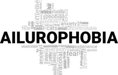 Ailurophobia: Fear of Cats word cloud conceptual design isolated on white background.