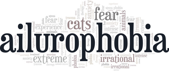 Ailurophobia: Fear of Cats word cloud conceptual design isolated on white background.