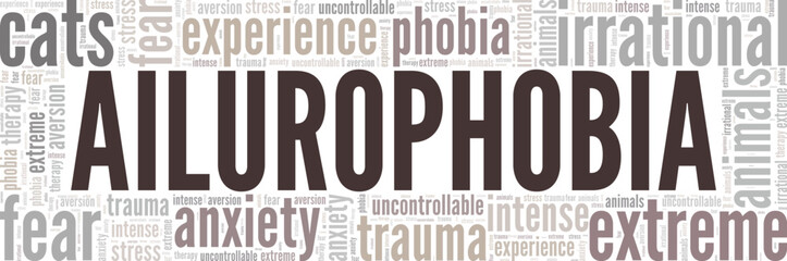 Ailurophobia: Fear of Cats word cloud conceptual design isolated on white background.